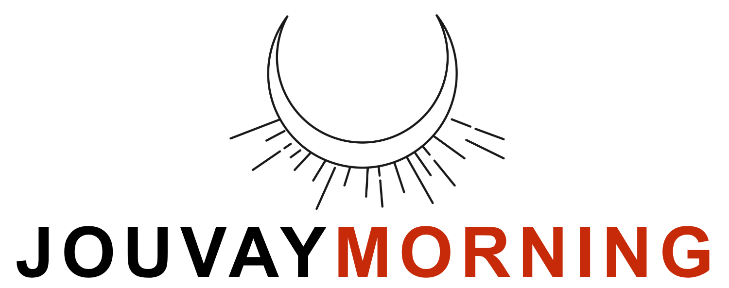 A logo on a white background featuring a simple black line drawing of a crescent sun with rays, above the text 'JOUVAY MORNING' in black and red.
