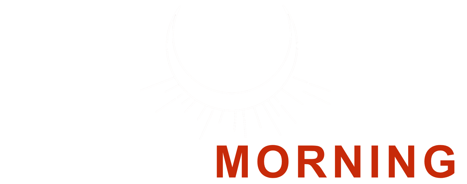 A logo on a white background featuring a simple black line drawing of a crescent sun with rays, above the text 'JOUVAY MORNING' in black and red.