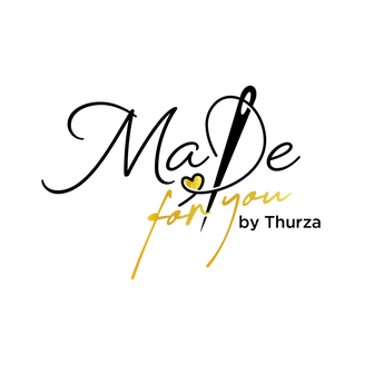 A digital logo or graphic design featuring the text 'Made for you by Thurza' in black and yellow cursive script on a solid white background.